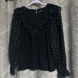LOFT Black Blouse with Ruffle and Dot metallic Silver Details